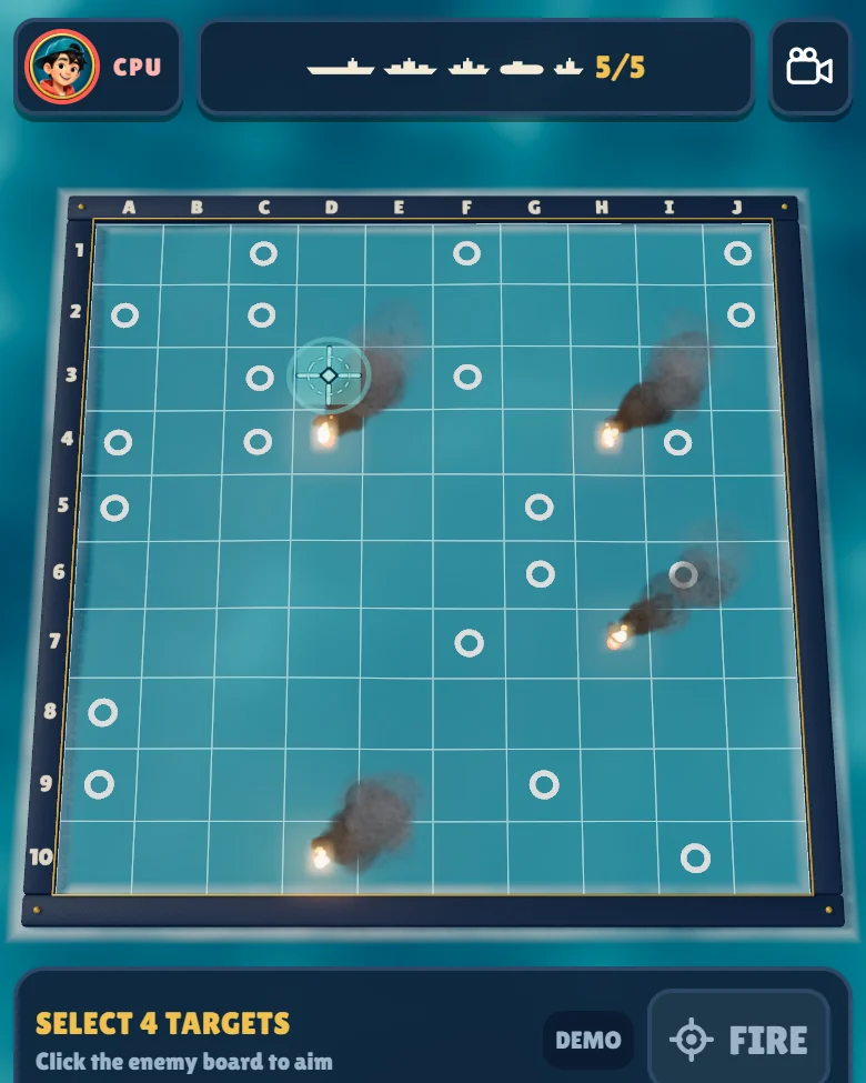 SALVO's aiming screen: the enemy ocean lettered A to J across the top and numbered 1 to 10 down the side, white rings on missed squares, fire and smoke on four hit squares, a cyan crosshair on D3, and a bar at the bottom reading SELECT 4 TARGETS beside a FIRE button.