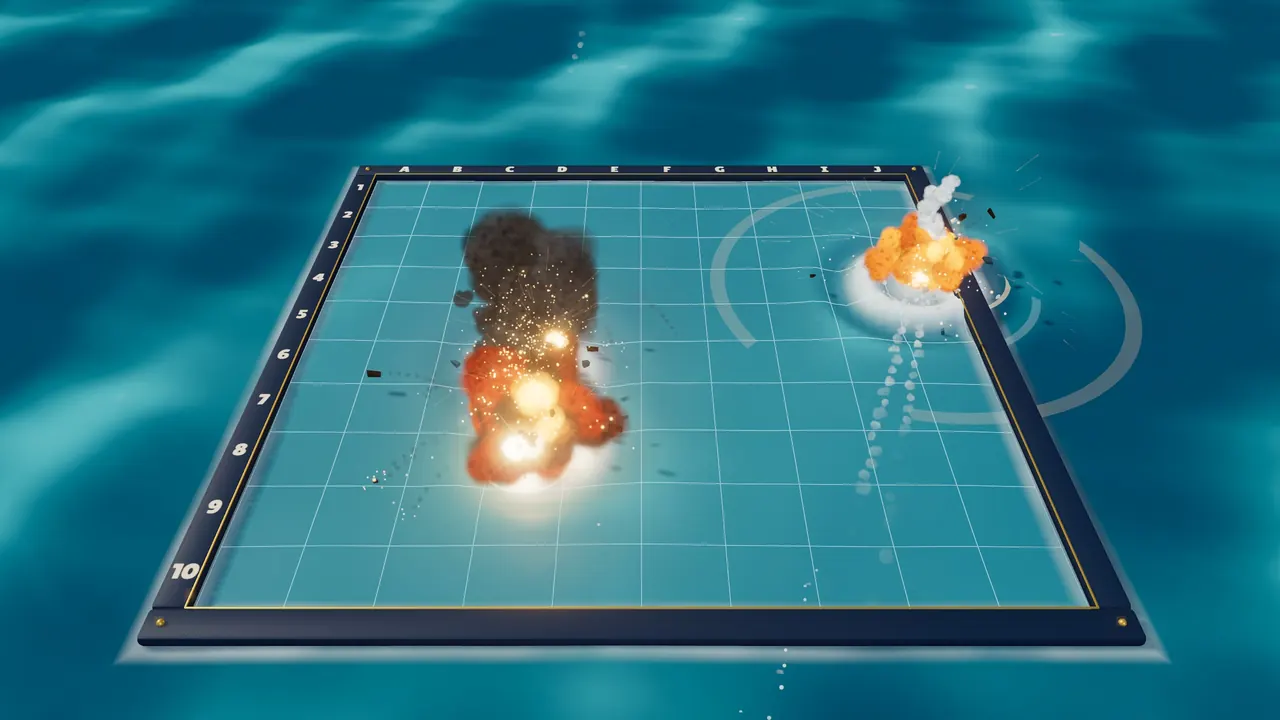 A SALVO board floating on a teal sea, lettered A to J across the top and numbered 1 to 10 down the side, with a large fireball and black smoke around columns C and D and a smaller orange blast in white spray near the top of column J, with rings spreading out across the water.